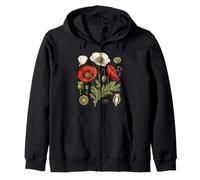 Red Poppy Flower Study Petals Buds Leaves Seed Pods Zip Hoodie