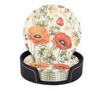 Red Poppy Flower with Green Leaves Branch Wild Flower Floral Adorable Set of 6 Table Coasters Modern PU Cup Coasters for Drinks, Coaster Set,4 Inches