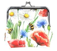 Red Poppy Flowers Bee White Coin Purse Holder Women Leather Kiss Lock Buckle Small Change Purse for Girls, Red Poppy Flowers Bee White, Classic