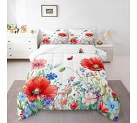 Red Poppy Flowers Comforter Set Full Size,Watercolor Floral Bedding Sets 3Pcs,Nature Plants Quilted Duvet for Kids Girls Woman Teens Room Decor,Garden Farmhouse Style Down Comforter,2 Pillowcases
