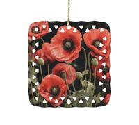 Red Poppy Flowers Leaves Ceramic Christmas Ornament Xmas Tree Hanging Pendant Double Sided Pattern Festive Square Ornament Holiday Home Party Decoration Gifts