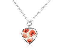 Red Poppy Flowers Watercolor Cute Pet Urn Necklace Cremation Jewelry for Ashes Heart-shaped Pendants for Dog Cat Lover