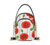 Red Poppy Flowers White Single Shoulder Purse Women Print Chain Strap Cell Phone Purse Quilted Zipper Bowler Tote Ladies Satchel