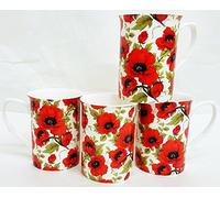 Red Poppy Mugs Set of 4 Fine Bone China Floral Poppies Cups Hand Decorated in UK