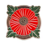 Red Poppy Pin on Antique Metal with Green Leaves and Butterfly Clasp Fixing