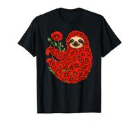 Red Poppy Sloth Flower Gardening Floral T-Shirt