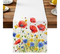 Red Poppy Table Runner, Watercolor Blue Daisy Cotton and Table Linen Runner for Kitchen Dining Home Decor for Party Festival Holiday Decoration Gift 16x72in