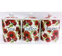 Red Poppy Tea Coffee Sugar Canisters Fine Bone China Red Poppies Storage Jars Hand Decorated in The U.K.