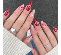 Red Press On Nails - 24Pcs Long Almond False Nails Valentine's Day - Red & Nude Fake Nails Heart & Bow Design - Full Cover Acrylic Stick on Nails for Women - Removable False Nails with Glue