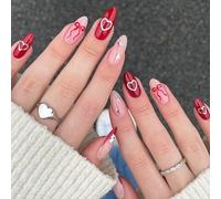 Red Press on Nails Almond - 24Pcs False Nails with Bow Heart Star Design - Acrylic Fake Nails with Glue Long Lasting - Removable Stick on Nails for Women Valentine's day