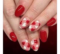 Red Press on Nails Almond - 24Pcs Short False Nails with Love Design - Valentine's day Fake Nails with Glue Long Lasting - Removable Oval Stick on Nails for Women