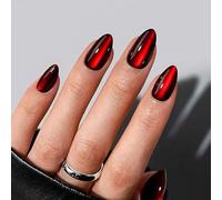 Red Press on Nails - Burgundy False Nails with Glue - 24PCS Cat Eye Fake nails - Medium Almond Stick on Nails - Full Cover Acrylic Nail Tips - Glue on nails for Women DIY French Manicure at Home