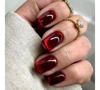 Red Press On Nails Short - Full Cover Acrylic Tips, Cat Eye Effect, Glossy Finish, 24 Pcs with Jelly Tool, Easy Application, Durable for Women