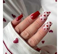 Red Press on Nails Square - White Fake Nails with Red Hearts Design - 24Pcs Short Square False Nails with Glue - Removable Glossy Acrylic Stick on Nails for Women Valentine's day