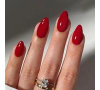 Red Press on Nails Summer Medium Almond Fake Nails Solid Red Color False Nails Reusable Glossy Artificial Acrylic Nails Summer Nails for Women Girls Daily Wear Manicure 24pcs