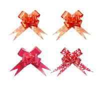 Red Pull Bow Ribbons - Set of 4 Assorted Printed Gift Bows with Tails for Wrapping, Decorations & Crafts - Rose, Polka Dot, Heart Designs
