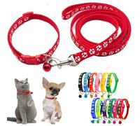 Red Puppy Collar And Lead Sets, XS Dog Collar And Lead Set Pawprint Adjustable Kitten Collar With Bell For Tiny Little XXS Extra Small Breed Pets Dogs Cats Girls Female