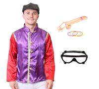 Red & Purple Horse Jockey Costume with Hat & Inflatable Willy Ring Toss Game - Funny Men’s Fancy Dress - Stag Do Outfit for Parties, Festivals & Adult Fun