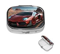 Red Race Car Pill Case with Mirror Retro 2 Compartment Pill Box Small Pill Organizer for Purse or Pocket Decorative Metal Medicine Vitamin Organizer Unique Gifts