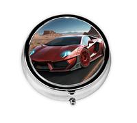Red Race Car Pill Case with Mirror Retro 3 Compartment Pill Box Small Pill Organizer for Purse or Pocket Decorative Metal Medicine Vitamin Organizer Unique Gifts