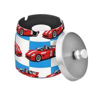 Red Race Car Plaid Ashtray with Lid, Windproof Cigarette Ash Tray for Outdoor Indoor, Stainless Steel Ashtray for Home Office Balcony