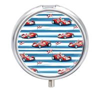 Red Race Car with Checkered Flags Mini Pill Organizers Cute Round Pills Box Portable 3 Compartment Medicine Case Box for Travel