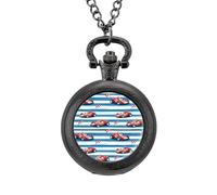 Red Race Car with Checkered Flags Vintage Pocket Watch with Chain Classic Numerals White Dial