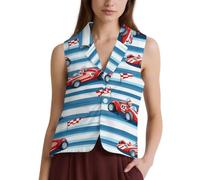Red Race Car with Checkered Flags Women's Suit Vest Casual Sleeveless Blouses Vintage Waistcoat 1 Button V-Neck Dressy Suits