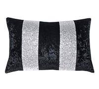 Red Rainbow Luxury Crushed Velvet & Silver Glitter Stripes Sparkle Cushion Cover (Black & Silver, 12" x 18")