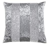 Red Rainbow Luxury Crushed Velvet & Silver Glitter Stripes Sparkle Cushion Cover (Grey & Silver, 18" x 18")