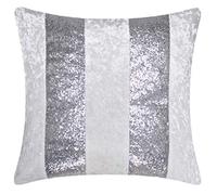 Red Rainbow Luxury Crushed Velvet & Silver Glitter Stripes Sparkle Cushion Cover (White & Silver, 22" x 22")