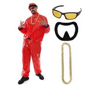 Red Rapper Costume - Medium - Red & Black Shell Suit, Matching Hat, Yellow Lens Sunglasses, Gold Chain and Goatee - Funny Rapper Halloween Stag Do Fancy Dress Costume