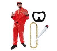 Red Rapper Costume - Red & Black Shell Suit, Matching Hat, Gold Chain, Fake Spliff and Goatee - Funny Rapper Halloween Stag Do Fancy Dress Costume