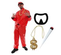 Red Rapper Costume - Red & Black Shell Suit, Matching Hat, Gold Dollar Chain, Fake Spliff and Goatee - Funny Rapper Halloween Stag Do Fancy Dress Costume