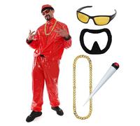 Red Rapper Costume - Red & Black Shell Suit, Matching Hat, Yellow Lens Sunglasses, Gold Chain, Fake Spliff and Goatee - Funny Rapper Halloween Stag Do Fancy Dress Costume