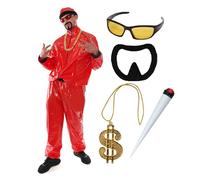 Red Rapper Costume - Red & Black Shell Suit, Matching Hat, Yellow Lens Sunglasses, Gold Dollar Chain, Fake Spliff and Goatee - Funny Rapper Halloween Stag Do Fancy Dress Costume