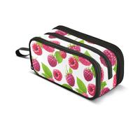 Red Raspberries Green Leaves White Pencil Case Zipper Pencils Pouch Girls Classroom Pen Pouch Office Pencils Storage Bags Back to School Office Supply Adults 8.86x3.54x4.33in
