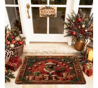Red Relief Christmas German Shepherd Dog Pattern Black Door Mat Outside Inside Entrance 29x17 Inch, Aesthetic Xmas Outdoor Ultra Thin Doormat, Small Retro Print Shoes Off Door Rug for Patio
