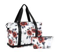 Red Retro Flowers Large Capacity Workout Bag Weekender/Overnight Duffel with Toiletry Bag for Workout