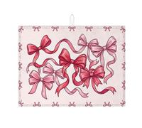 Red Ribbon Dish Drying Mats for Kitchen Counter, Peach Bow Absorbent Dish Drainer Rack Mat, Festive Microfiber Drying Pad for Coffee Bar Protector 18x24 Inch