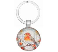 Red Robin Garden Bird In Protective Dome Silver Keyring Keychain