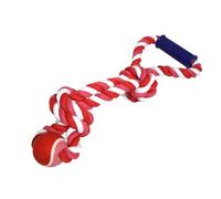Red Rope with Tennis Ball & Tug Twin Loop Dog Toy for medium & large dogs. Strong, durable chew toy with dual handles for better grip-great for tug, fetch, interactive play, and training fun.