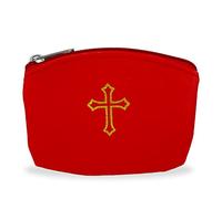 Red Rosary Pouch with Zipper & Gold St. Thomas Cross Imprint | Compact Leatherette Rosary Case for Small to Medium Rosaries | Protective Travel Rosary Holder for Men & Women