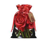 Red Rose 1 Printed Christmas Drawstring Bags for Xmas Gift Wrapping, Red Ribbon, M