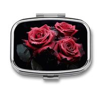 Red Rose and Black Leaves Pill Box 2 Compartment - Small Metal Medicine Organizer Portable Pill Case for Purse Pocket Travel Vitamin Organizer for Men Women, BPA-Free