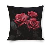 Red Rose and Black Leaves Pillow Cover, Double Sided Cotton Linen Pillow Covers - Hidden Zipper Closure, Breathable Throw Pillowcase for Sofa, Bed, Couch Decor, 18"x18"