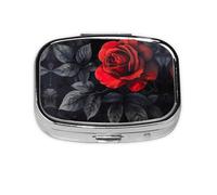 Red Rose and Black Leaves Print Square Pill Box,Portable for Pocket Or Purse Pill Organizer Pill Container Holder