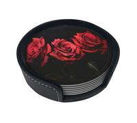 Red Rose And Black Leaves Round Leather Coasters (6 Pieces) - Drink Coaster Set For Desk, Modern Easy To Clean Home Office & Farmhouse Coasters