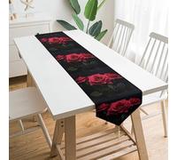 Red Rose and Black Leaves Spring Table Runners Washable Extra Long Rustic Table Runner for Farmhouse Boho Coffee Table Runner Seasonal Summer Kitchen Dining Table Decoration for Home Party 178*33cm