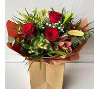 Red Rose and Lily Bouquet with Cardboard Vase - Fresh Flowers Delivery for Anniversary, Birthday, Get Well, Sympathy, Thank You, Housewarming, Seasonal Floral Arrangement Gift